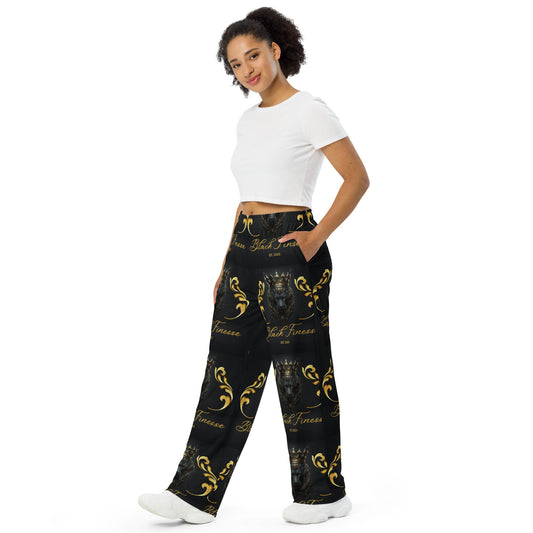 Black Finesse Midnight Crest Wide-Leg Pajama Pants in Black, Gold — front left view