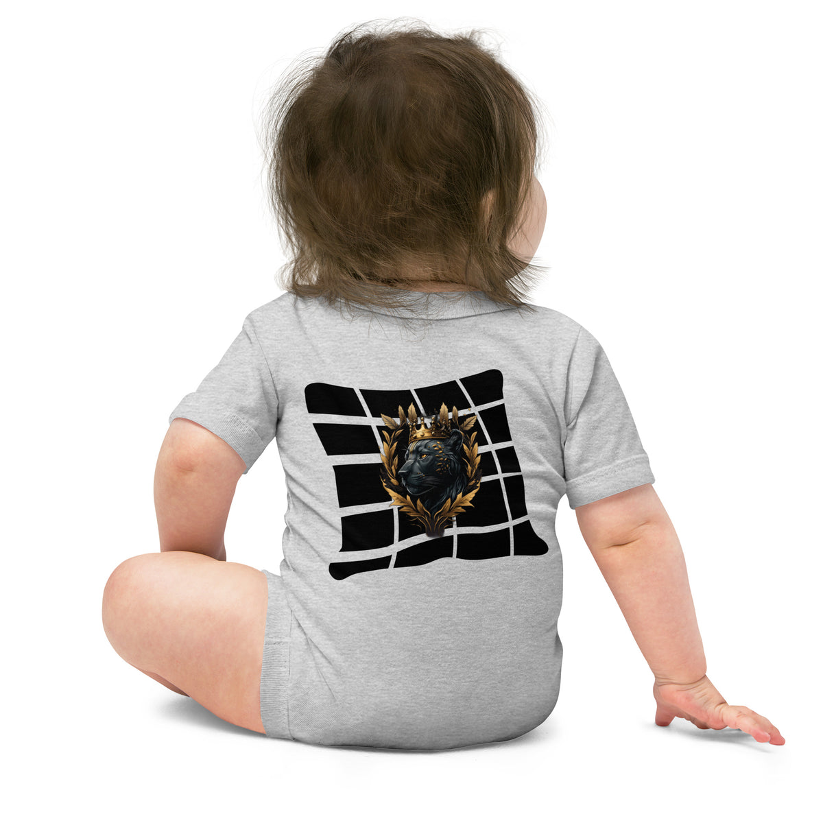 Black Finesse 9 Months Baby Bodysuit — Athletic Heather, back view