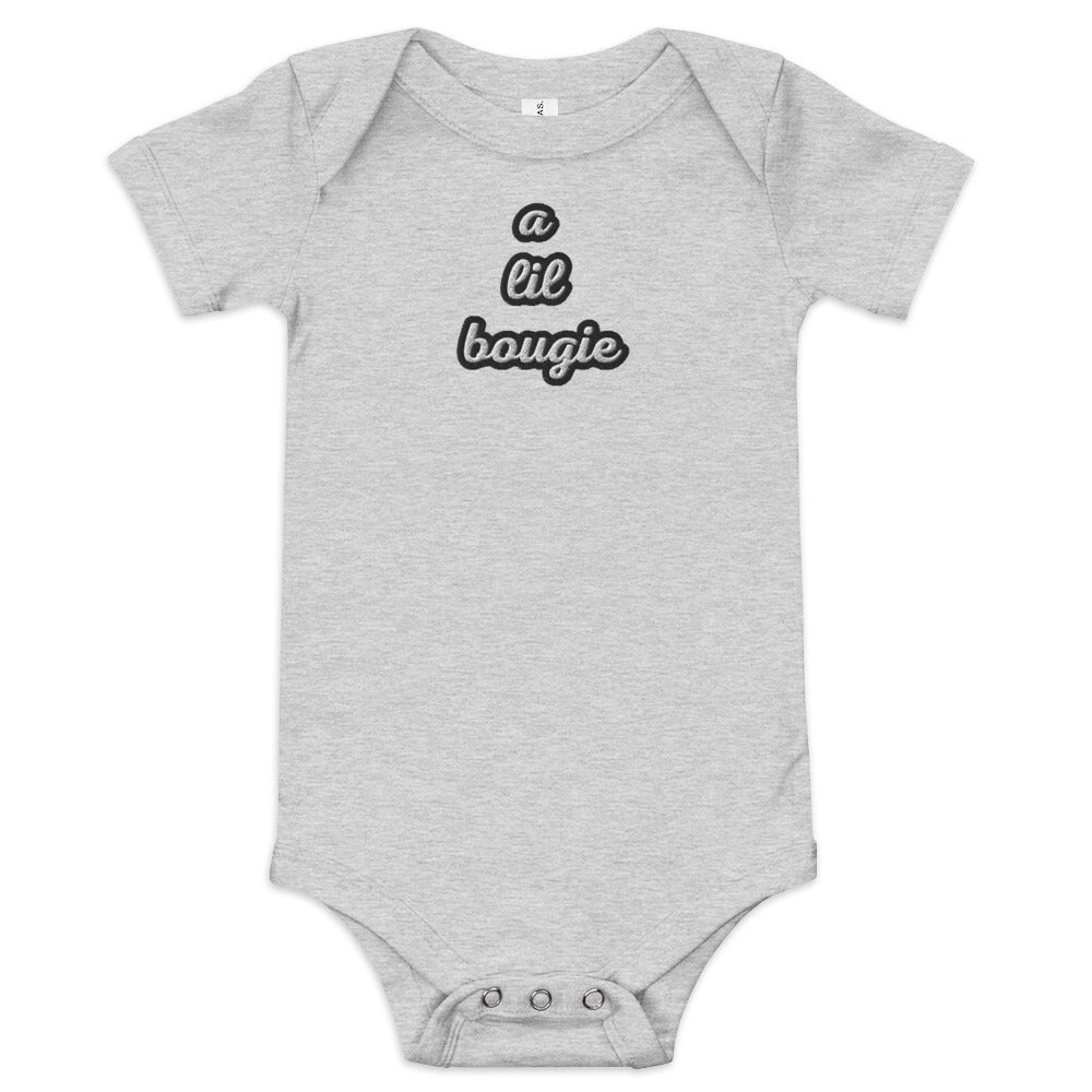 Black Finesse A Lil Bougie Baby Bodysuit — Athletic Heather, front view