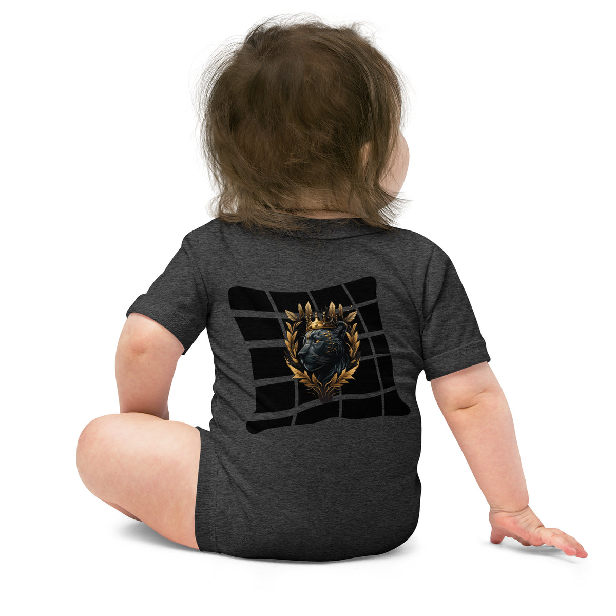Black Finesse 9 Months Baby Bodysuit — Dark Grey Heather, back view