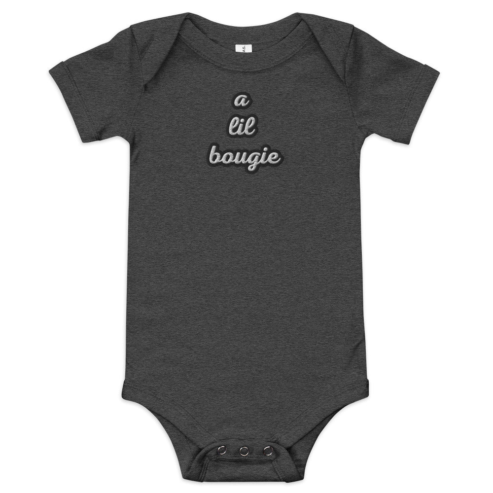 Black Finesse A Lil Bougie Baby Bodysuit — Dark Grey Heather, front view