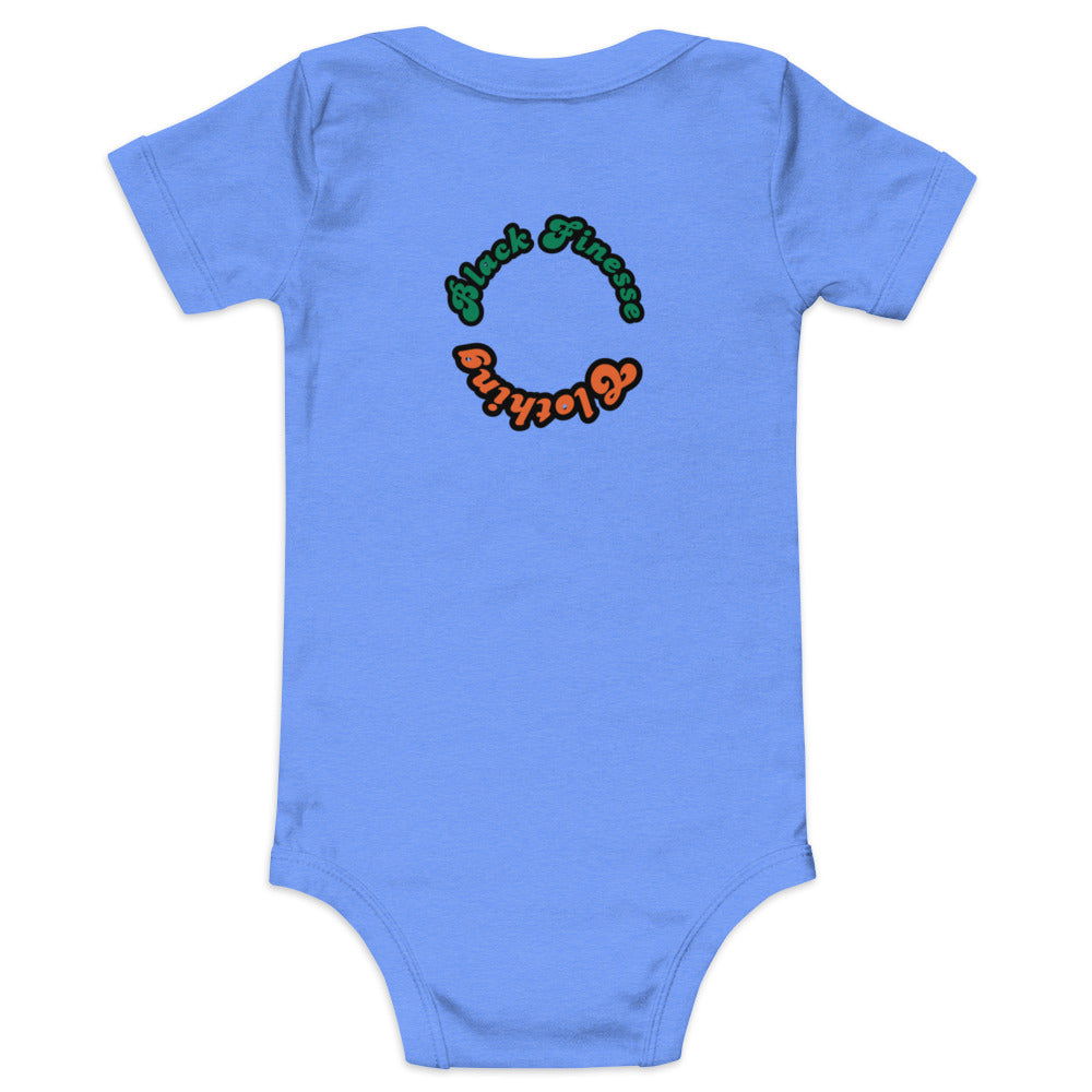 Black Finesse A Lil Bougie Baby Bodysuit — Heather Columbia Blue, back view