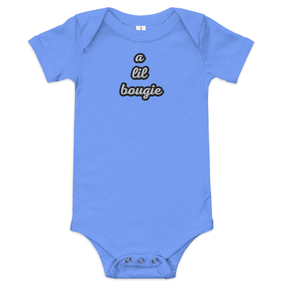 Black Finesse A Lil Bougie Baby Bodysuit — Heather Columbia Blue, front view