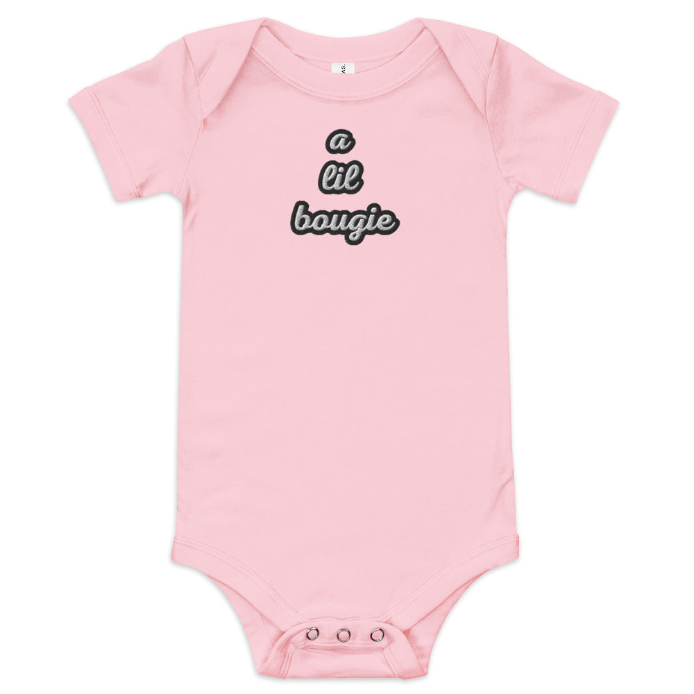 Black Finesse A Lil Bougie Baby Bodysuit — Pink, front view