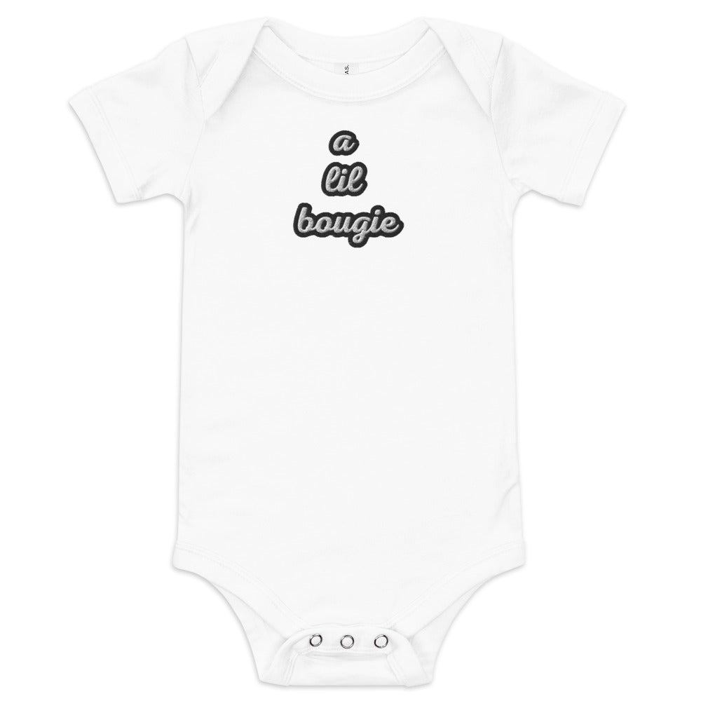 Black Finesse A Lil Bougie Baby Bodysuit — White, front view