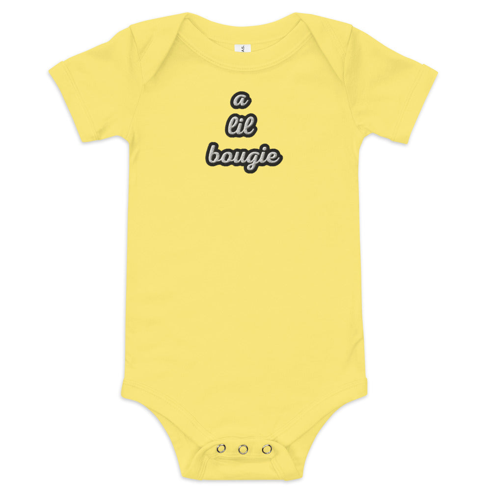Black Finesse A Lil Bougie Baby Bodysuit — Yellow, front view