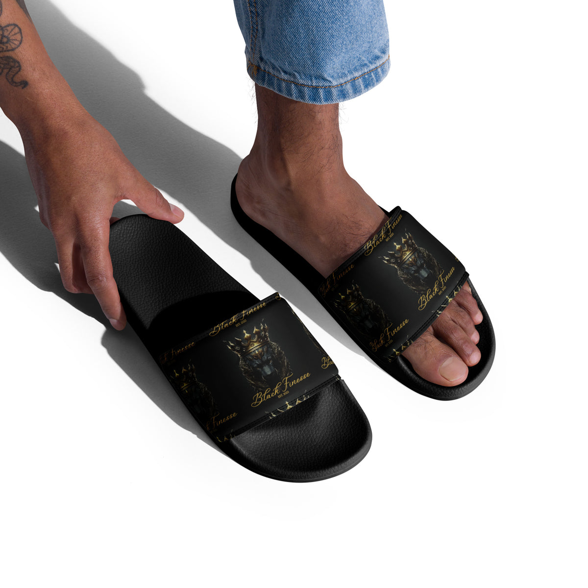 Black Finesse Signature Men’s Slides in Black — three-quarter view