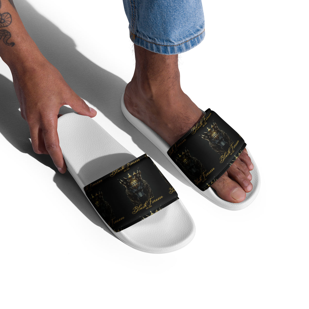 Black Finesse Signature Men’s Slides in White — three-quarter view