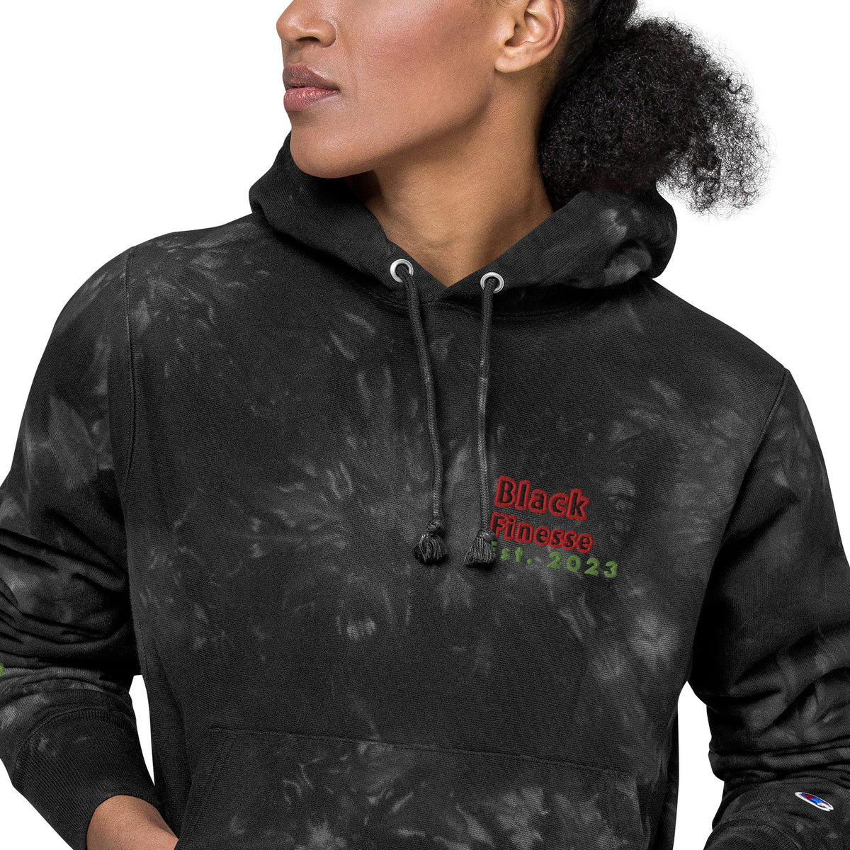 Black Finesse Champion Tie-Dye Hoodie in Black — close-up
