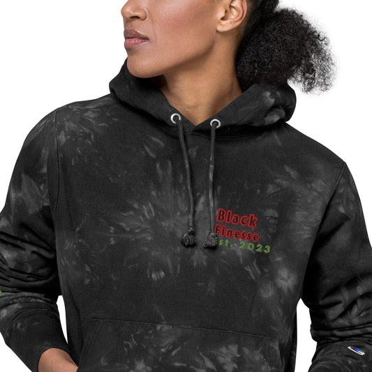 Black Finesse Champion Tie-Dye Hoodie in Black — close-up