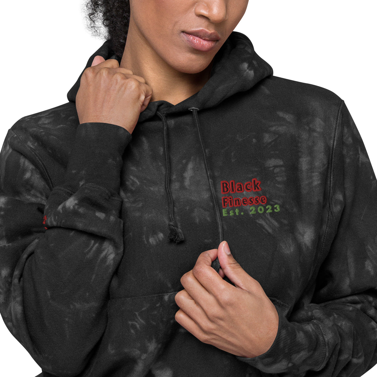 Black Finesse Champion Tie-Dye Hoodie in Black — close-up