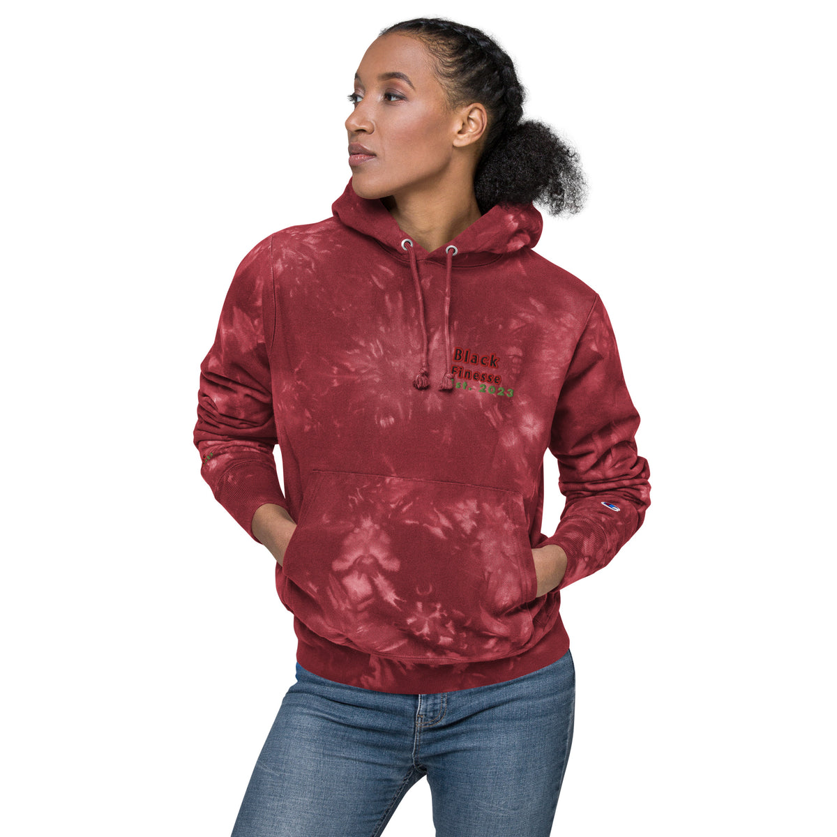Black Finesse Champion Tie-Dye Hoodie in Mulled Berry — front view