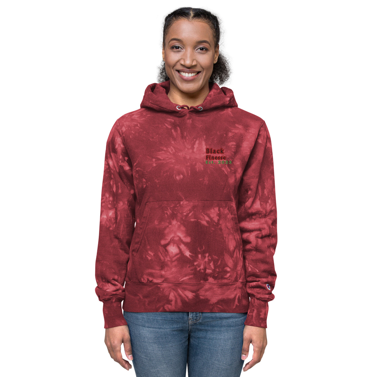 Black Finesse Champion Tie-Dye Hoodie in Mulled Berry — front view