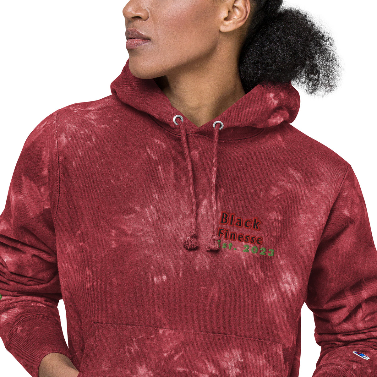 Black Finesse Champion Tie-Dye Hoodie in Mulled Berry — close-up