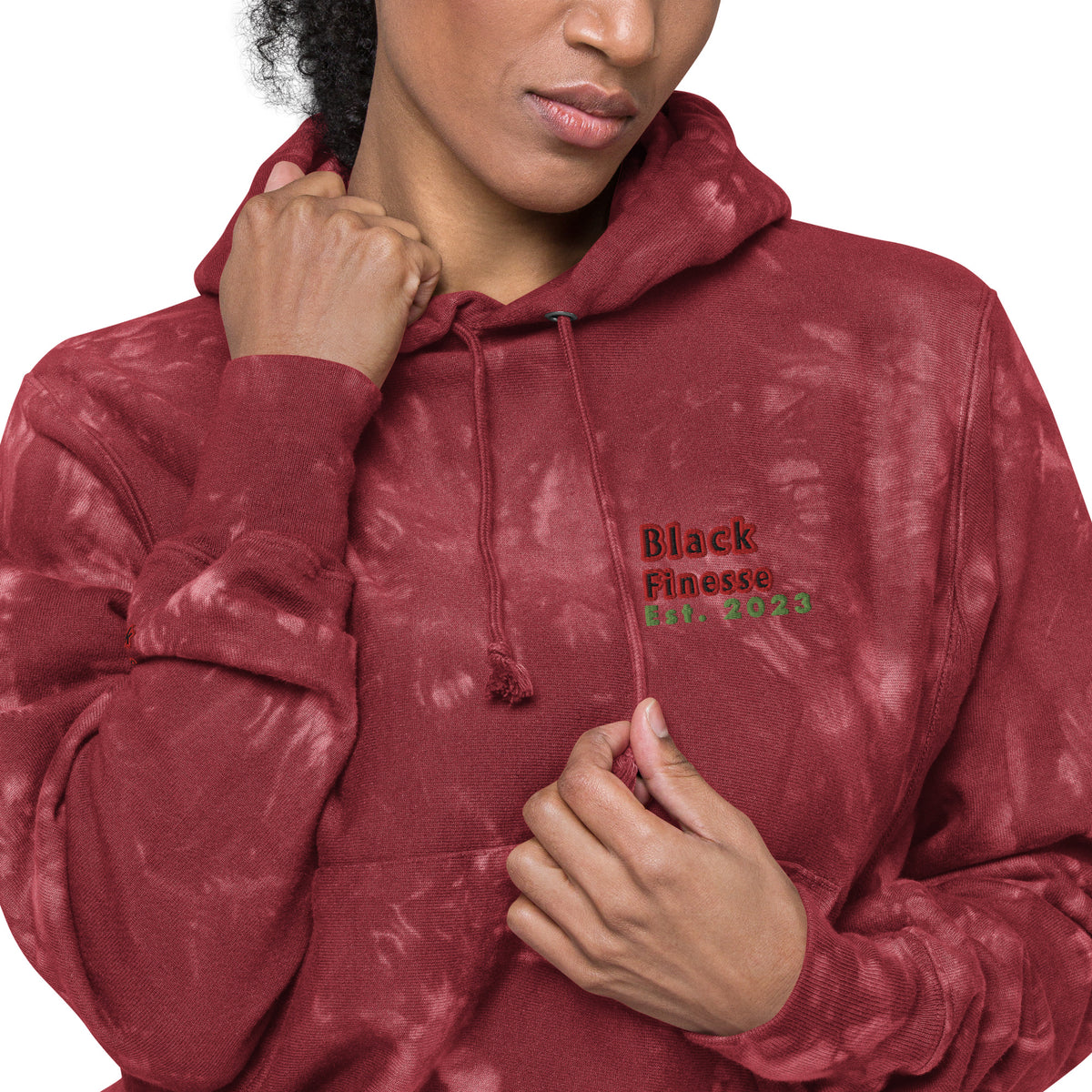 Black Finesse Champion Tie-Dye Hoodie in Mulled Berry — close-up