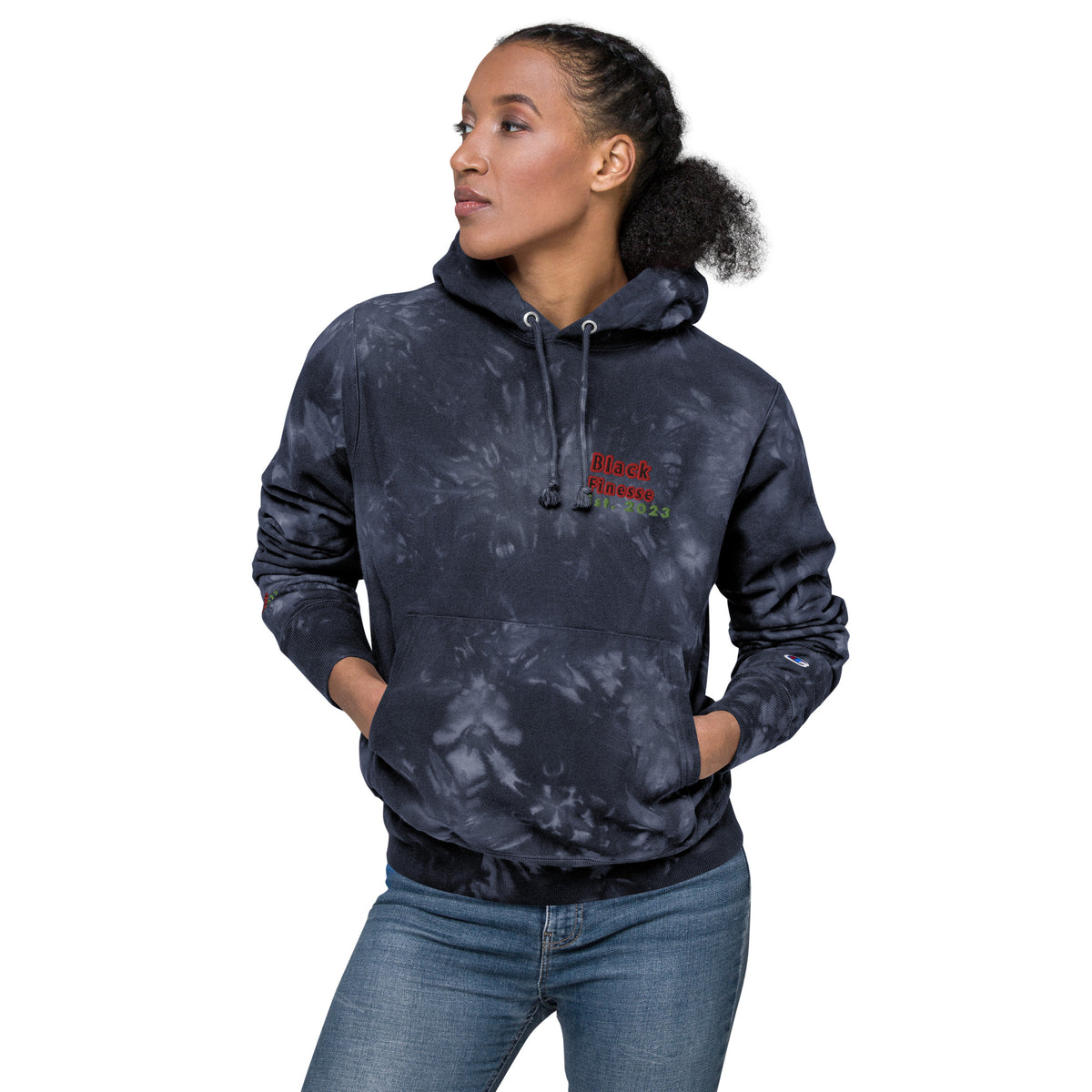 Black Finesse Champion Tie-Dye Hoodie in Navy — front view