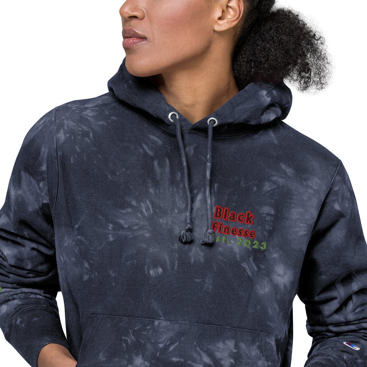 Black Finesse Champion Tie-Dye Hoodie in Navy — close-up