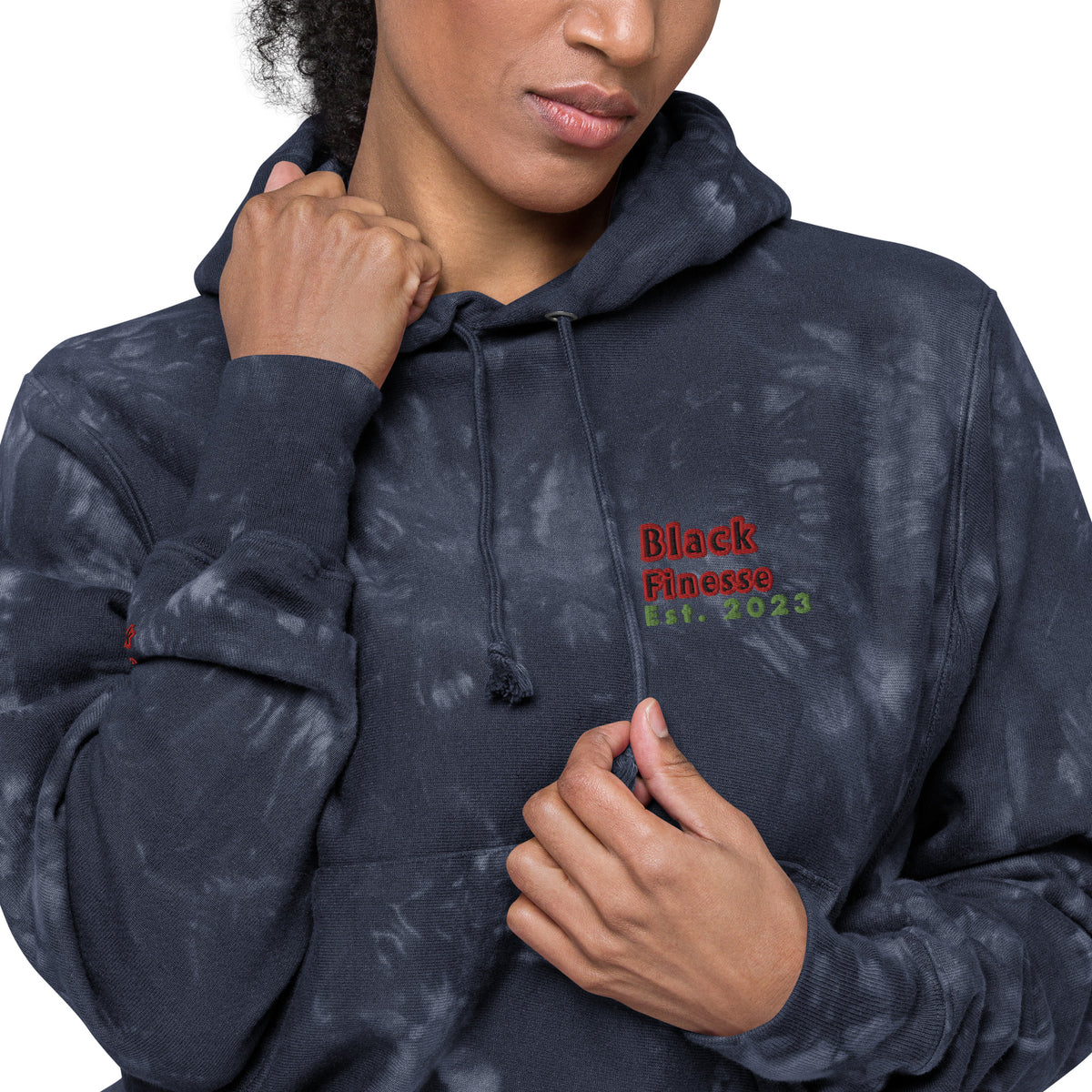 Black Finesse Champion Tie-Dye Hoodie in Navy — close-up