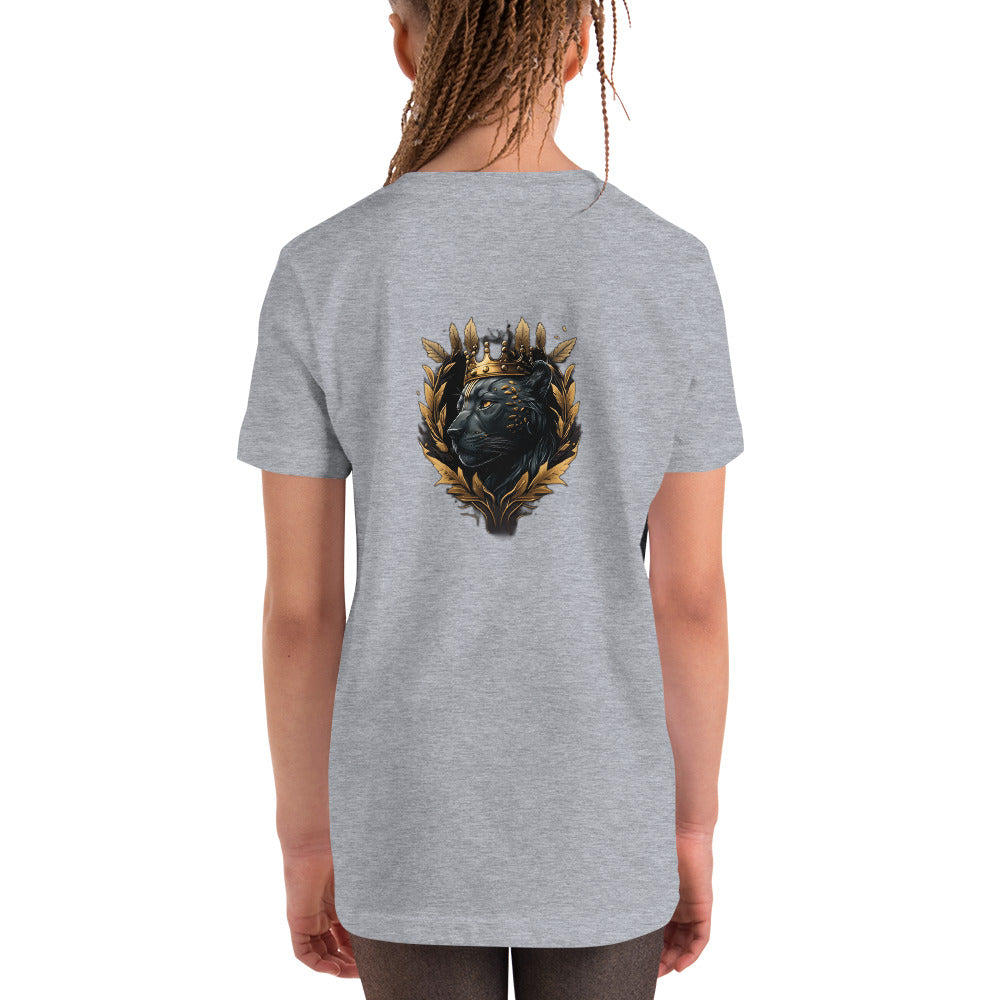 Black Finesse Tag Logo Kids T-Shirt — Athletic Heather, back view