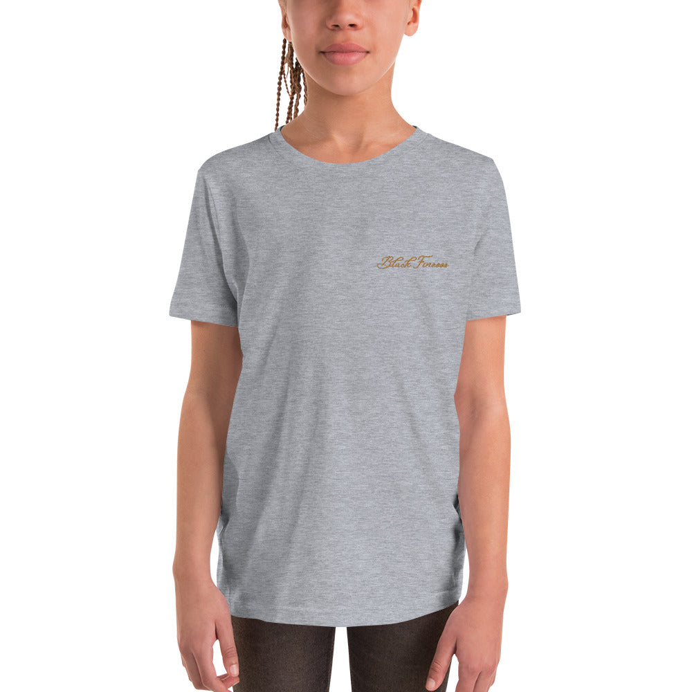 Black Finesse Tag Logo Kids T-Shirt — Athletic Heather, front view