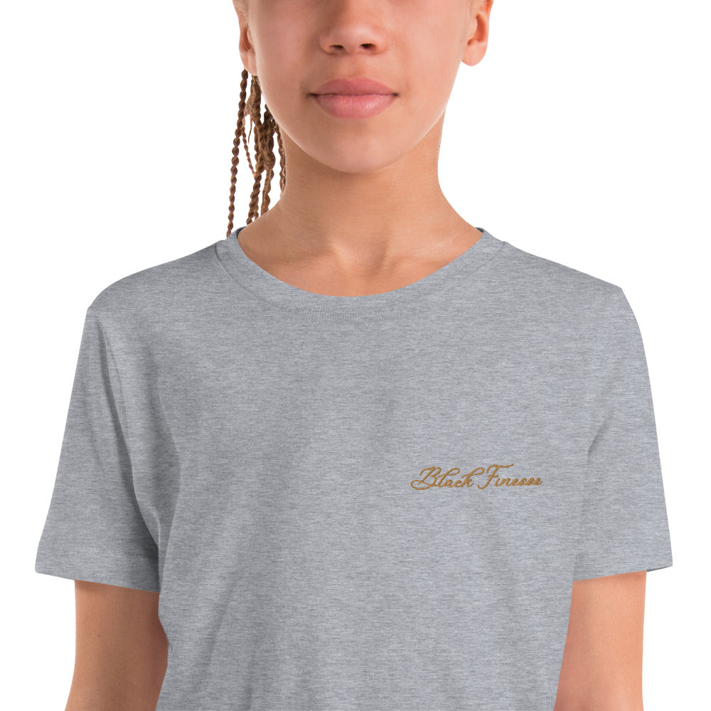 Black Finesse Tag Logo Kids T-Shirt — Athletic Heather, detail view