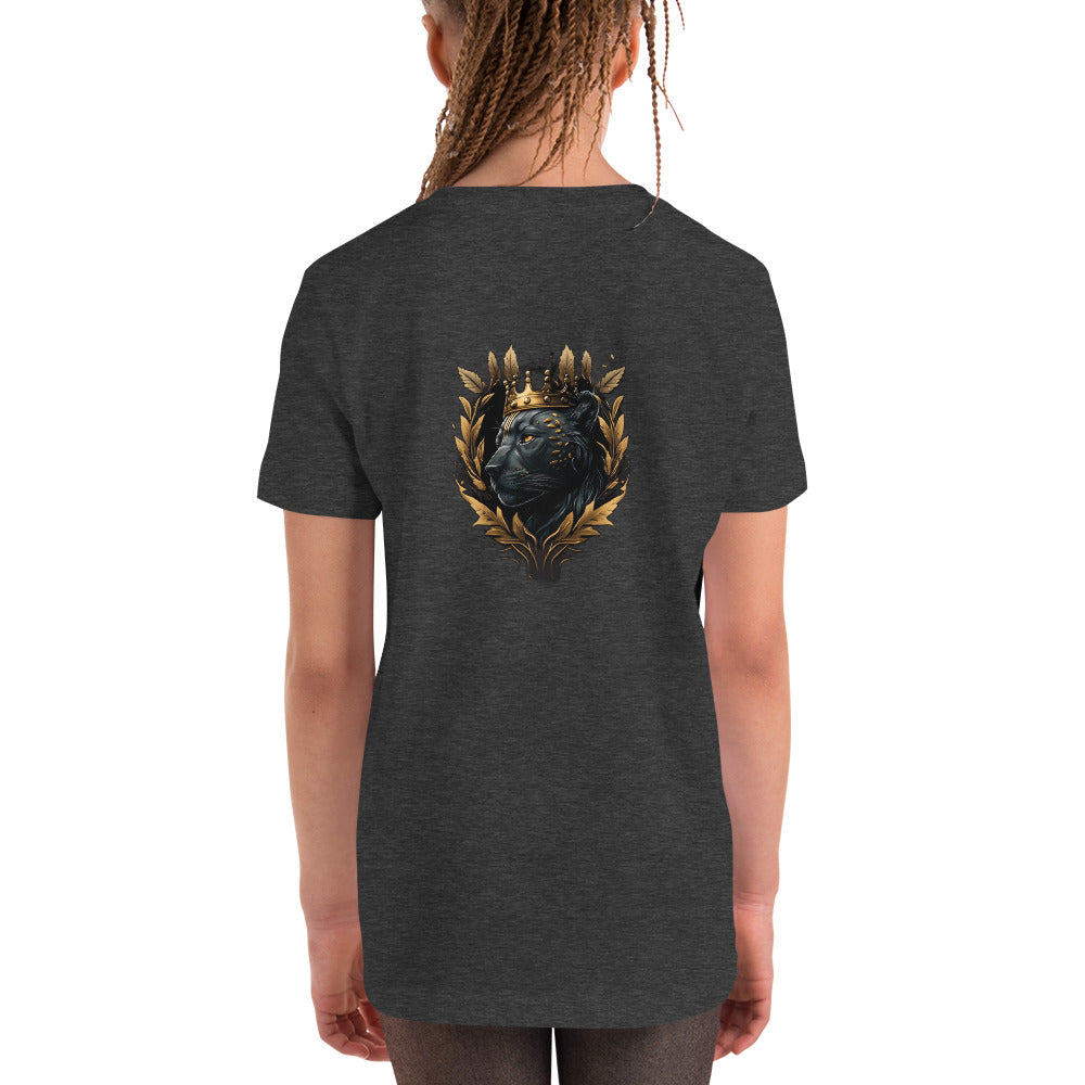 Black Finesse Tag Logo Kids T-Shirt — Dark Grey Heather, back view