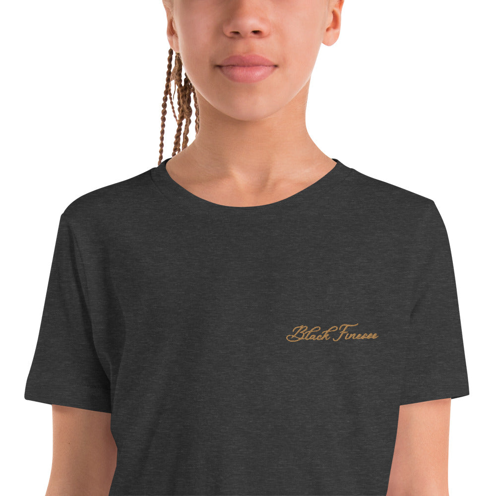 Black Finesse Tag Logo Kids T-Shirt — Dark Grey Heather, detail view