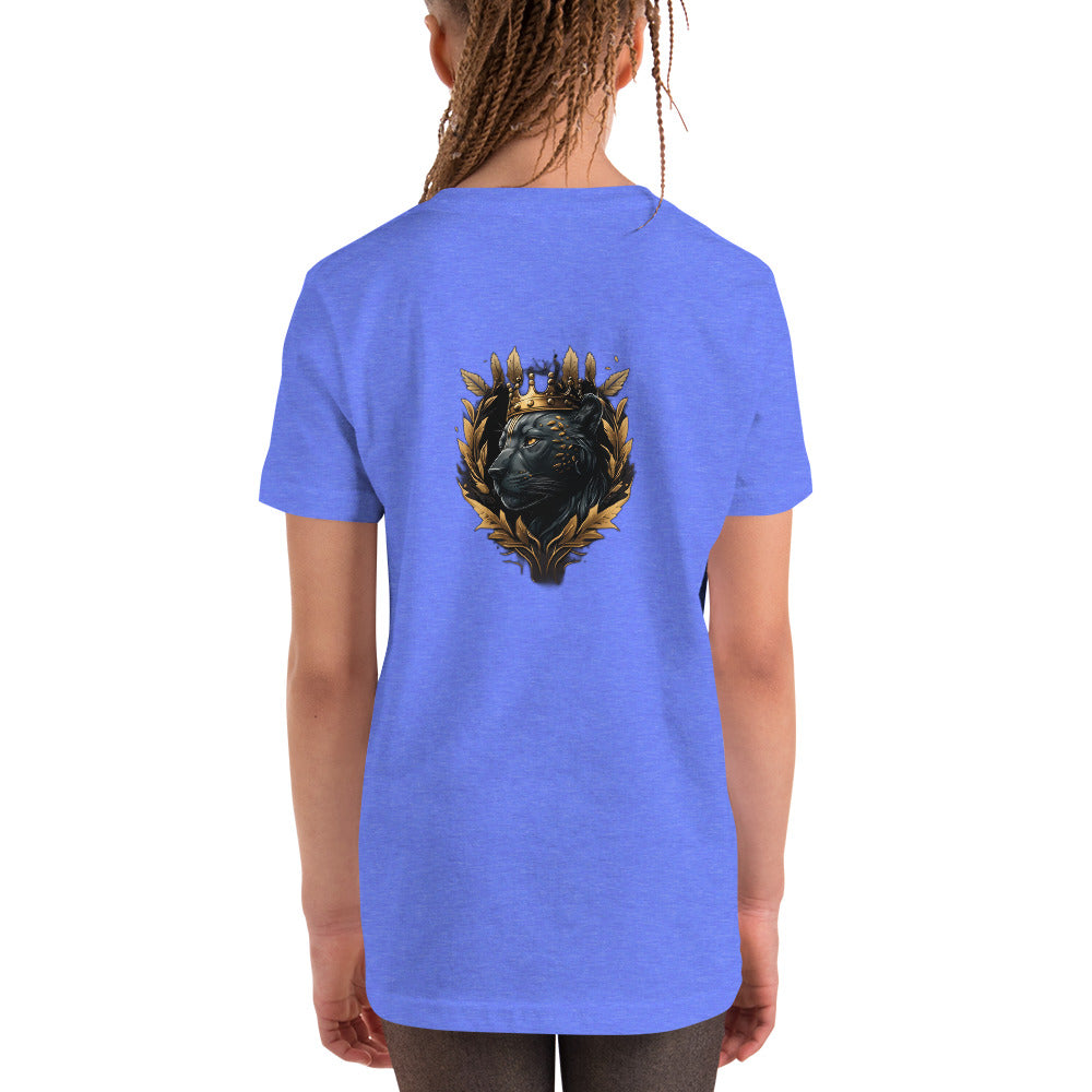 Black Finesse Tag Logo Kids T-Shirt — Heather Columbia Blue, back view