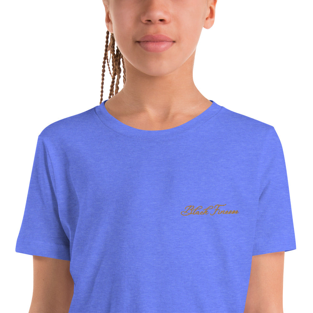 Black Finesse Tag Logo Kids T-Shirt — Heather Columbia Blue, detail view