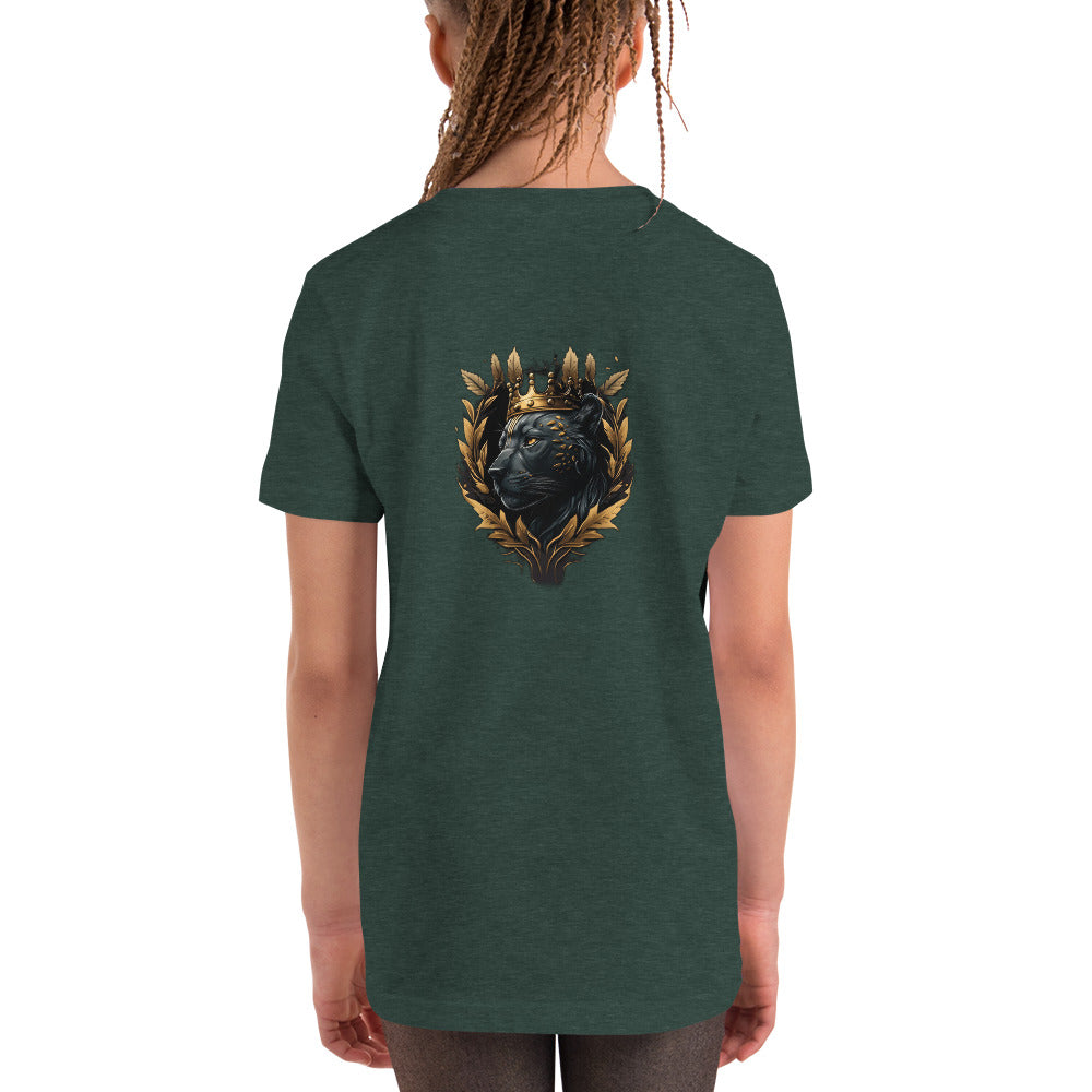 Black Finesse Tag Logo Kids T-Shirt — Heather Forest, back view