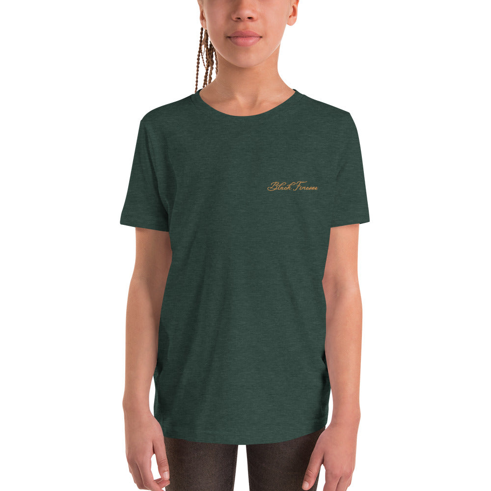Black Finesse Tag Logo Kids T-Shirt — Heather Forest, front view