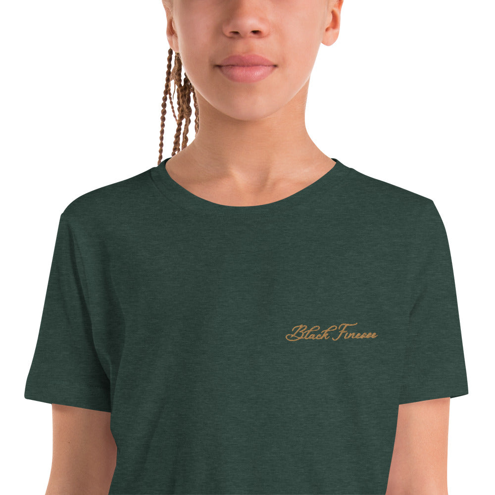 Black Finesse Tag Logo Kids T-Shirt — Heather Forest, detail view